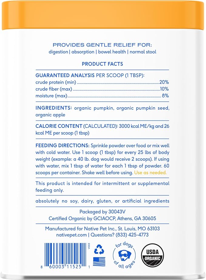 Native Pet Pumpkin for Dogs - Organic Dog Food Topper Powder - Promotes Firm Stools, Supports Digestive, Bowel Health & Nutrient Absorption - USDA Organic, Rich in Fiber with Real Pumpkin - 60 Scoops