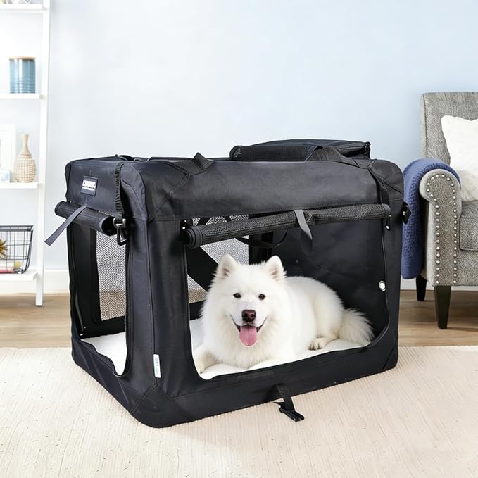 JESPET Soft Dog Crates Kennel for Pets, 3 Door Soft Sided Folding Travel Pet Carrier with Straps and Fleece Mat for Dogs, Cats (Graphite Black, X-Large(36" L x 24" W x 27" H))