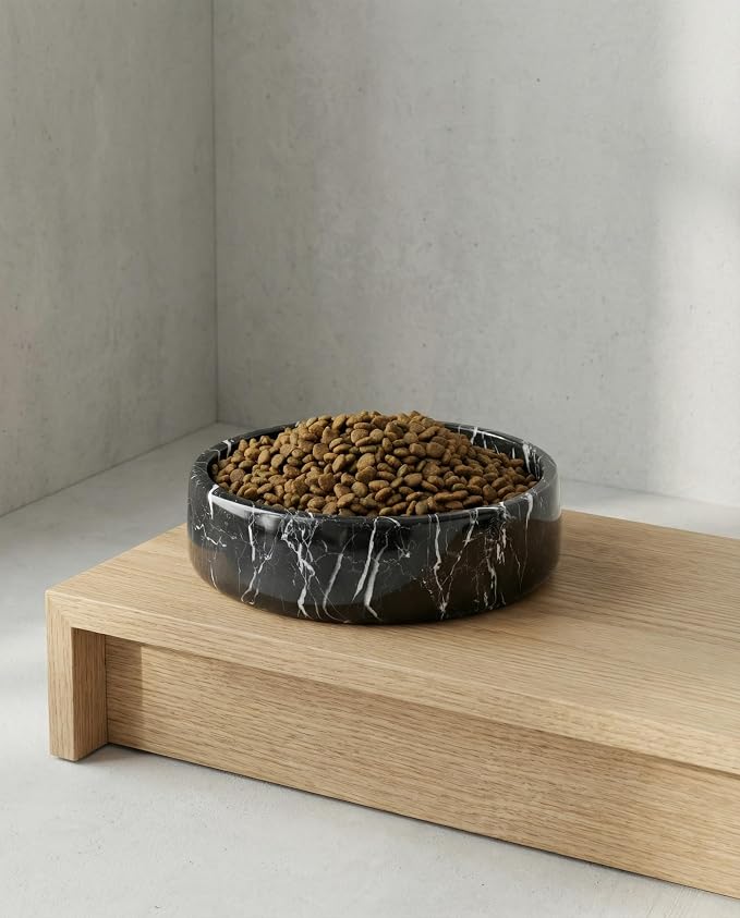 OOBOOB Natural Marble Dog Bowl, 7.4x7.4x2.5 Inch Heavy Non-Slip Pet Food & Water Bowl for Large Medium Small Dogs and Cats, Stylish Modern Marble Design for Feeding Station & Home Decor