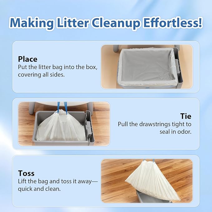 60 Count Drawstring Cat Litter Bags Compatible with Fumoi and Fsitego Self Cleaning Litter Box,Thick Cat Litter Box Liners,Tear-Resistant Waste Bags,Heavy Duty,Leak-Proof