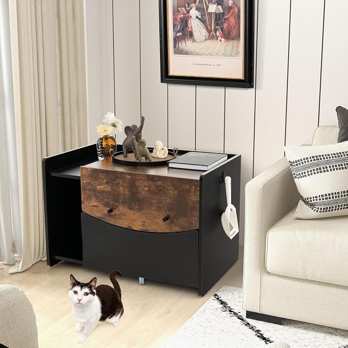 PETSITE Cat Litter Box Enclosure w/Pull-Out Drawer, Hidden Cat Washroom Furniture w/Flip Door, Rolling Caster, Indoor Cat House for Small to Large Sized Cats, Wooden Pet House Side Cabinet