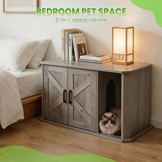 Modern Wooden Cat Litter Box Enclosure, Hidden Washroom Cabinet with Double Doors and Side Entry, Large Cat House End Table, Easy-Clean Sturdy Furniture