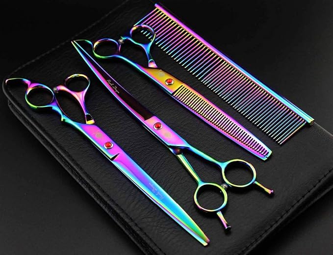 Purple Dragon 8.0" Titanium Multicolor Professional Pet Grooming Scissors Set,Straight & Thinning & Curved Scissors Shear with Bag for Dog Cat Grooming