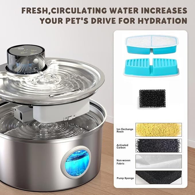 Casfuy PWL-003 Smart Motion Sensor Cordless Stainless Steel Dog & Cat Water Fountain, 108-oz
