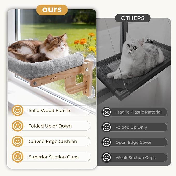 Pecute Cat Window Hammock Foldable, Space Saving Cat Window Bed with Soft Cushion, Sturdy Wood Frame Hanging Cats Lounge Seat, Collapsible Large Perch with Suction Cups for Indoor Cats(Grey, 26" L)