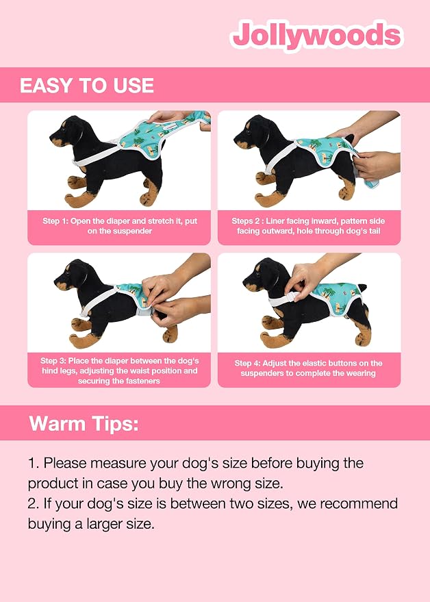 Jollywoods 3 Pack Washable Female Dog Diaper Onesie Sanitary Pantie with Adjustable Suspender, Fixed Doggie Diapers, Super Absorbent Leakproof for Dog in Heat Cycle