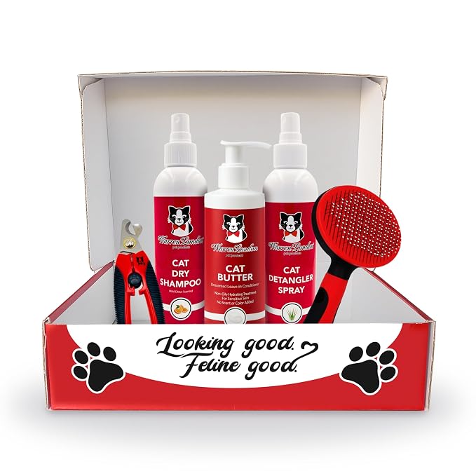 Warren London Ultimate Cat Grooming Gift Box – 5-in-1 At-Home Spa Kit with Detangler Spray, Hydrating Butter, Waterless Dry Shampoo, Self-Cleaning Pin Brush & Nail Clippers, $70 Value