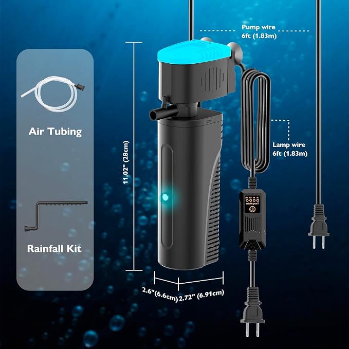 Aquarium Filter with U - V Clarifier for Green Water Cleaning | Fish Tank Filter to Remove Al-gae | Green Killing Machine | Aeration/Rainfall Mode | with Timer | Turtle Tank Filter (60-150Gal)