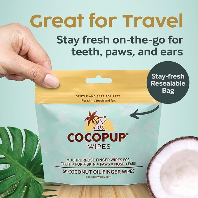 Cocopup Dog Teeth Cleaning Wipes | Pet Dental Finger Wipes | Dogs and Cats Tooth Cleaning Pads Plaque Remover Ear Nose Paws Fur Cleaners | Contains Coconut Oil | 1 Pack of 50