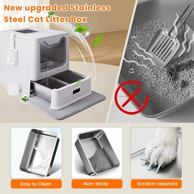 Stainless Steel Cat Litter Box with Lid, Top Entry Covered Box, Deeper Pan | Metal Litter Box with Lid & Pull-Out Drawer for Big Cats, Leak-Proof Baffles, with charcoal filters and Mat & Scoop