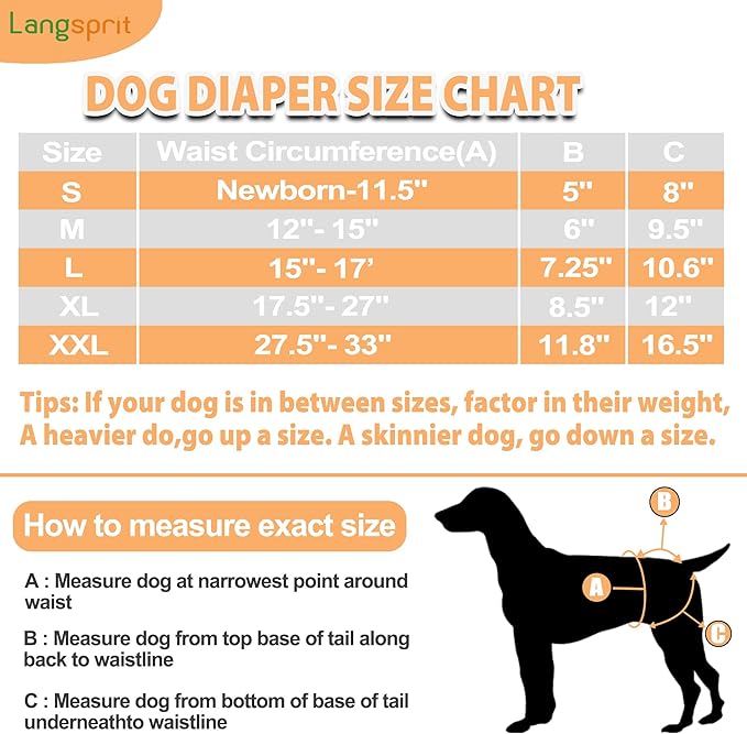 Langsprit Washable Female Dog Diapers (3 Pack) - No Leak Reusable Diapers for Doggy Female in Period - Highly Absorbent Dog Heat Panties with Adjustable Snaps Colourful XL Size