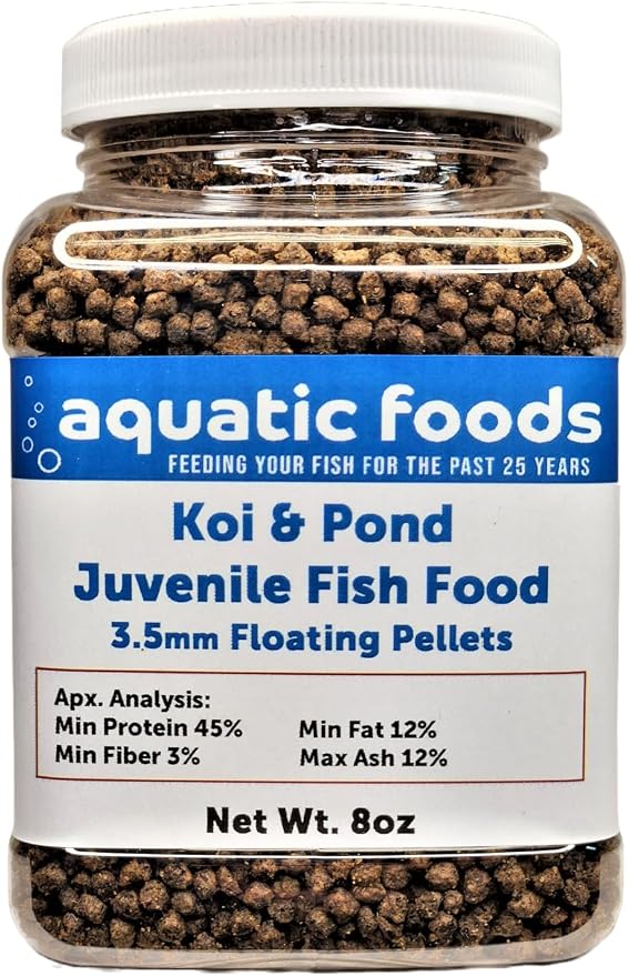 Koi and Pond Juvenile Fish Pellet Food, 45% Protein 3.5mm Floating Pond Pellets…8oz Jar