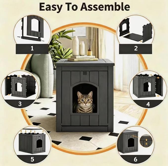 NUNU LAB Hidden Cat Litter Box Enclosure Furniture, Weatherproof Litter Box Side Table with Openable Front Door, Odor-Free & Easy Clean Cat House Cabinet for Indoor Bedroom & Outdoor Patio, Black