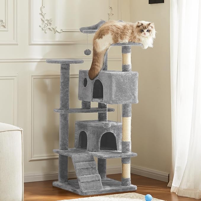 54 Inch Cat Tree, Multi-Level Cat Tower with Condo, Sisal Scratching Posts and Climbing Ladder, Play Toy Balls House for Indoor Cats, Light Grey