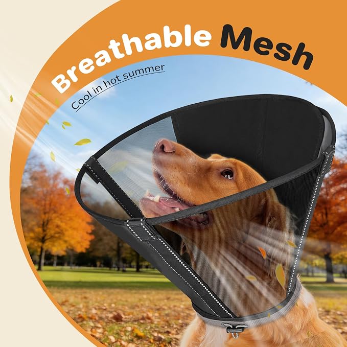 Breathable Mesh Dog Cone Collar for Surgery, Soft Elizabethan Recovery Alternative to Stop Licking,Pet Neck Collar for Large Medium Small Breeds, L, Matte Black