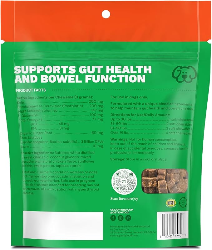 Get Joy Digestion Chews, Gut Health Supplement for Dogs, Vet Recommended Soft Daily Digestive Health & Immune Support with Prebiotics, Probiotics & Postbiotics, Made in USA, 90 Count