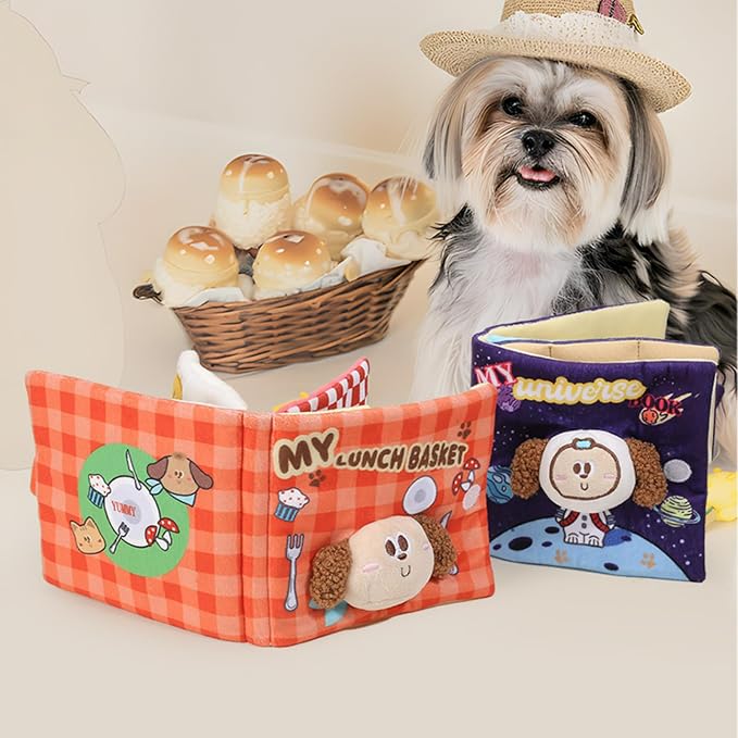 Dog Toy Snuffle Sound Book Series Lunch Space Christmas Goodnight Birthday Scout Themes 3D Puppy Decor Cover Puzzle Toy Dog Accessories for Mental Stimulation & Slow Feeding (Lunch time)