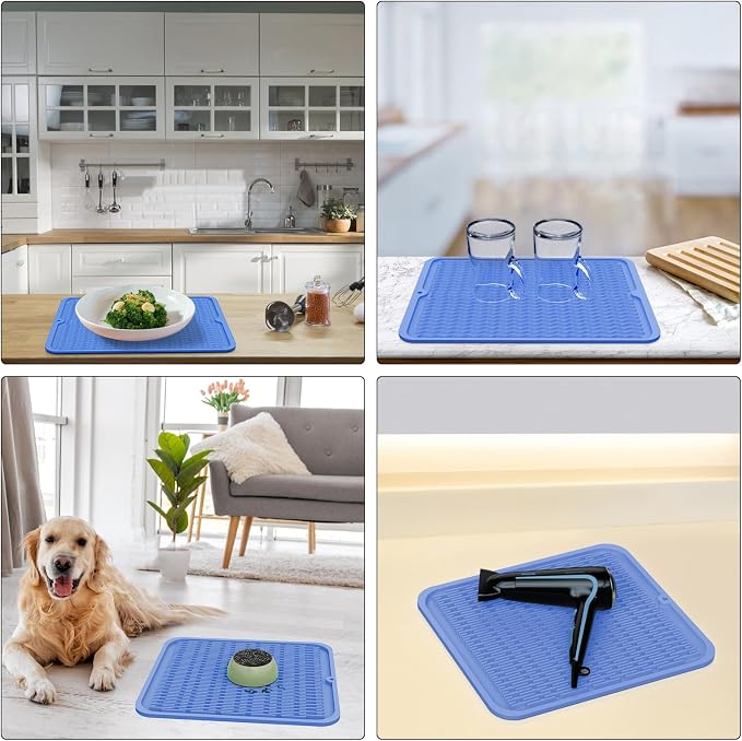 ZLR 4-in-1 Silicone Mat 12" x 12" / 305 x 306mm Square - Dish Drying Mat, Air Fryer Mat, Coffee Maker Pad & Heat Resistant Trivet (up to 450°F) - Non-Slip Food-Grade BPA-Free (Lichen Blue)