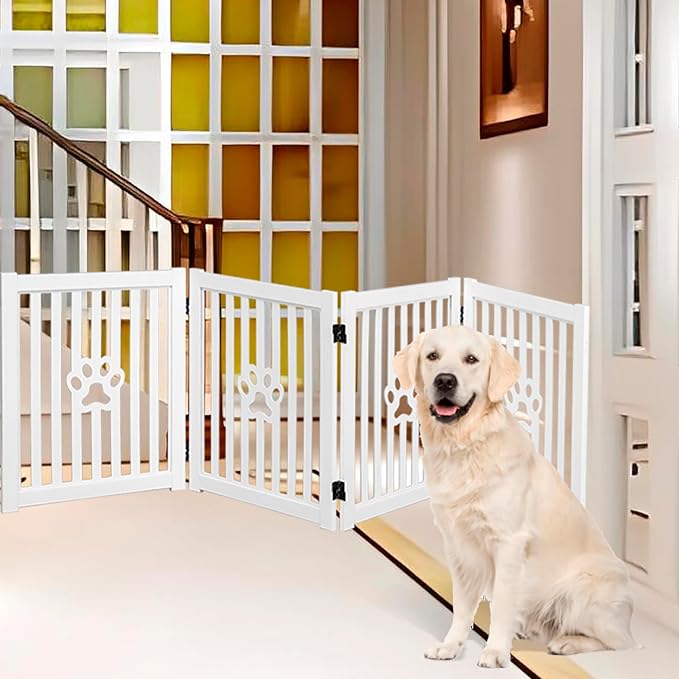 4 Panel Dog Gate - White - Foldable Wooden Freestanding Pet Gate, 80" L x 23.6" H, for Doorways, Halls & Stairs, 360 Degree Rotated Hinges