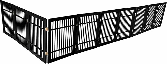 Urnporium Pet Dog Gate Freestanding, Strong Durable Folding Wooden Fence, Portable Acacia Hardwood Safety Barrier for Indoor & Outdoor Use (Black Pet Gate, 10 Panel 24" Tall)
