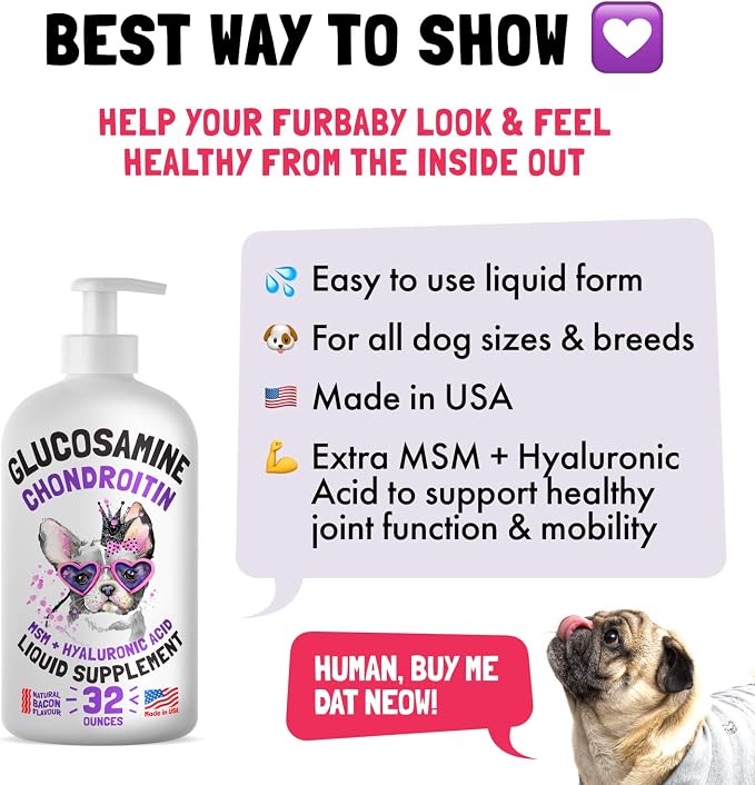Wild Alaskan Salmon Oil for Dogs & Cats 32 oz and Liquid Glucosamine for Dogs Bacon Flavour with Chondroitin, MSM & Hyaluronic 32 oz