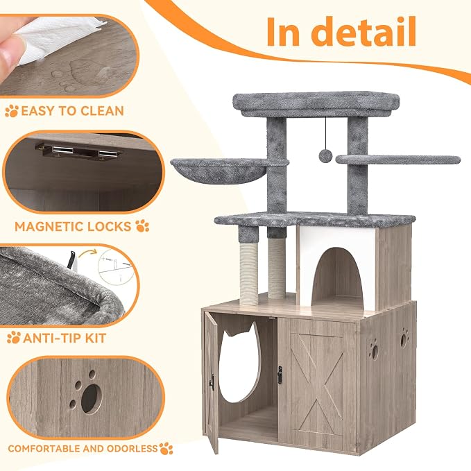 HavenlyYouth Litter Box Enclosure with Cat Tree,Cat Tree with Litter Box Enclosure,Hidden Pet Washroom Furniture with Sisal Scratching Post,Hammocks,Condo,Multiple Platform,Soft Plush Perch, Grey