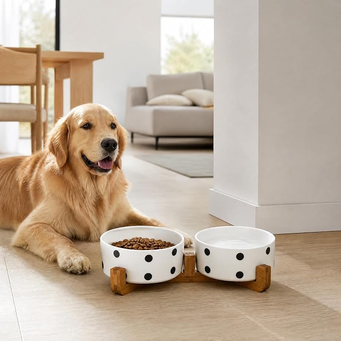 Petygooing Dog Bowls Ceramic, Cat Dog Bowl Set with Wood Stand for Food and Water,Non-Slip Cute Modern Pet Dishes for Cats Medium Size Dogs (28OZ/6.1 in) Black Dot