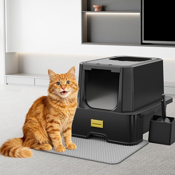 RIZZARI Stainless Steel Cat Litter Box with Lid, Extra Large Enclosed Metal Litter Box with Drawer & Deodorizer Spray, High Sided Top Entry Odor Control Design for Cats, Apartments & Multi-Cat Homes