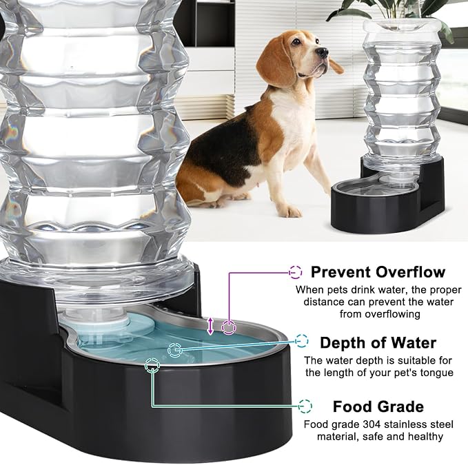 RIZZARI Black 8L Gravity Dog Water Dispenser with Stainless Steel Bowl - Ion Exchange & Activated Carbon Filter for Urinary Health, Auto-Refill with No Pump & Spill Resistant, for Multi-Pet Homes