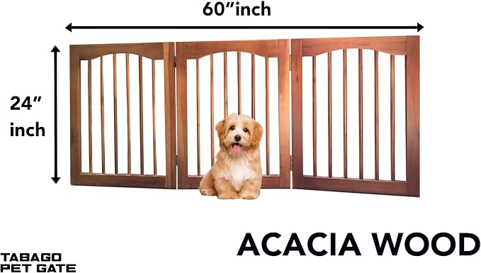 Tabago 3-Panel Foldable Freestanding Wooden Pet Gate 24"x20" – Expands up to 60", White & Natural Dog Gate for Small Pets, Stylish Indoor Barrier for Doorways & Hallways