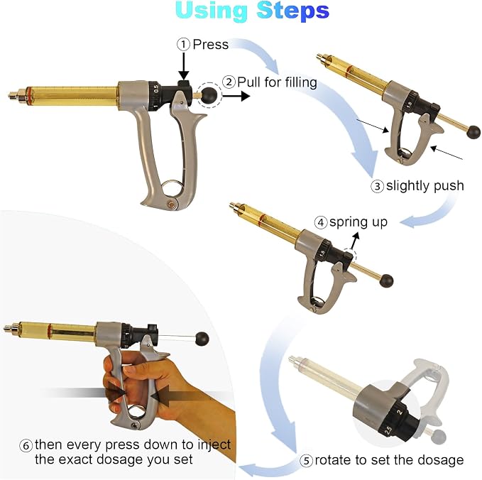 25ML Semi Automatic Livestock Syringe, 5 Gears Adjustable Continuous Repeating Syringe for Farm Ranch Cattle Cow Horse Goat Sheep Hog