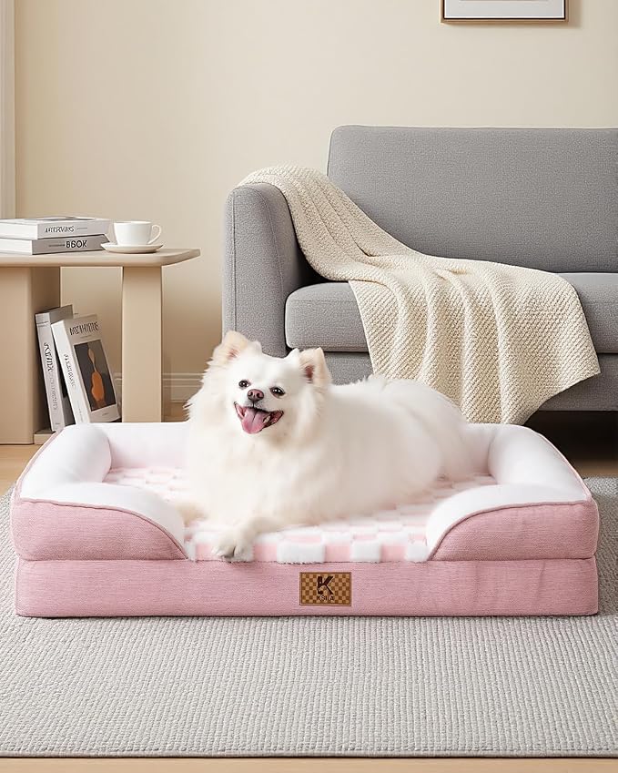 KSIIA Waterproof Dog Bed Orthopedic for XL Senior Dog Couch with Sides, Extra Thick Supportive Pet Bed Sofa with Soft Plush Cover and Non-Slip Bottom, 48 x 35 Inch, Pink