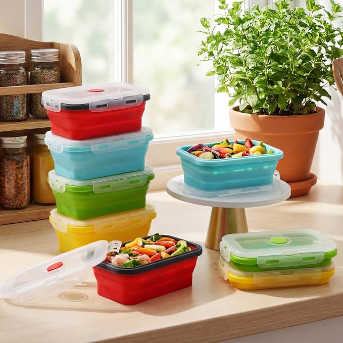 Mifoci Set of 8 Silicone Collapsible Bowls for Camping with Vent Lid Silicone Storage Containers for Food Meal Preparation Square Bowl Microwave Freezer Dishwasher Safe (Candy Color,17 Oz/ 500 ml)