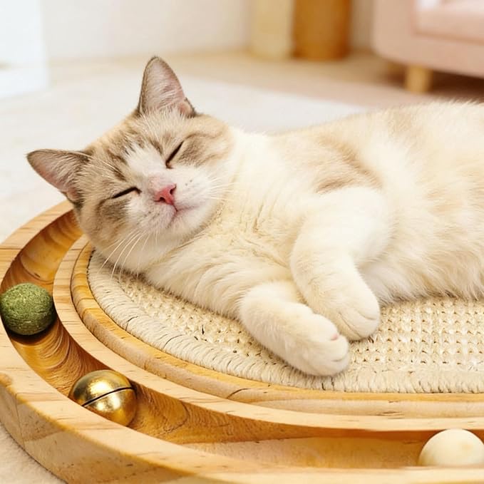 Cat Scratcher Toy with Ball Track, Kitten Interactive Toy, Natural Sisal Cat Scratch Pad for Indoor Cats, Sturdy Solid Wood Frame, Physical Exercise for Kitty & Medium Cat