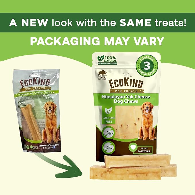 EcoKind Yak Cheese Himalayan Dog Chews, Yak Chews for Medium Dogs, Long Lasting Bone for Aggressive Chewers, 4 Ingredients, Natural High Protein Treats, No Additives, Water Buffalo, Medium - 3 Chews