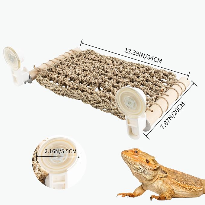 FlidRunest 13.3 x 7.8 in Seagrass Bearded Dragon Hammock for Window, Lizard Window Perch, Reptile Hammock Perch with Powerful Suction Cups for Lizard, Leopard Gecko, Chameleon