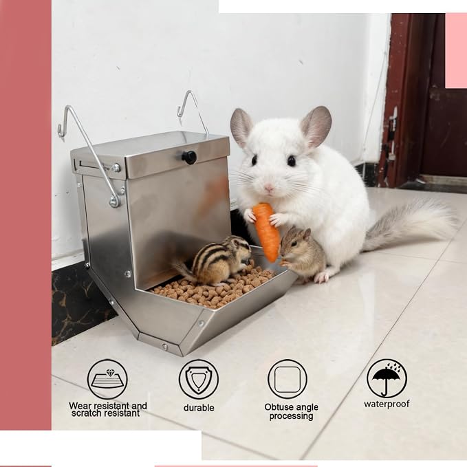 Rabbits Feeder 2 Pcs - Gravity Feeding for Cage Stainless Steel 4Lbs 6.2 Inch, Anti-Corrosion Durable with Sliding Lid for Pet Small Animal Indoor Outdoor Use, Holds Several Days' Food