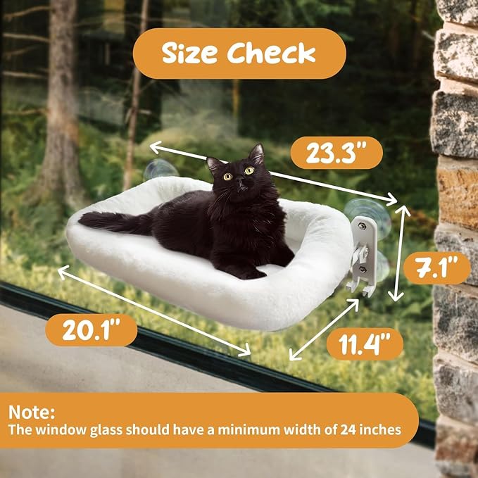 Cordless Cat Window Perch, Foldable Cat Window Hammock, 4 Strong Suction Cups, Solid Metal Frame, Patented Hook Design (Cushion White L)