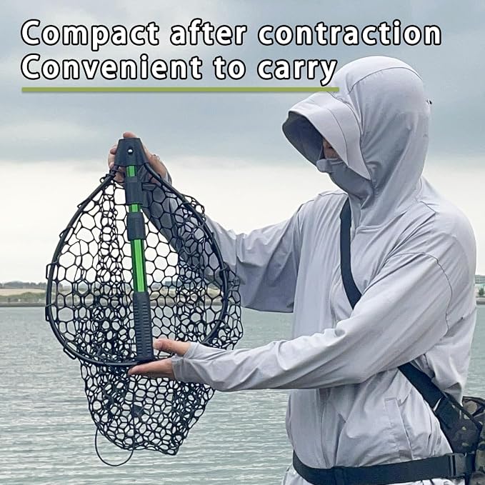 Telescoping Metal Lock Fishing Net with Handle Red Green 64" 52" Rubber Fish Net - Adjustable Length Lightweight Foldable Large Big Collapsible Extendable Fishing Net