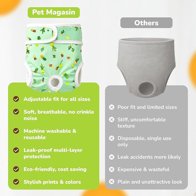 Pet Magasin® Super Absorbent Reusable Dog Diapers for Females (3-Pack) - Ideal Heat Solution, Washable Doggie Diapers for Female Dog - Perfect Doggie in Heat & Period (Trending, XS (10”-12” Waist))