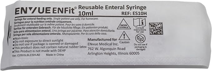 Envue ENFit 10mL Reusable O-Ring bFed Syringe for Tube Feeding, 25-Pack, Purple Plunger
