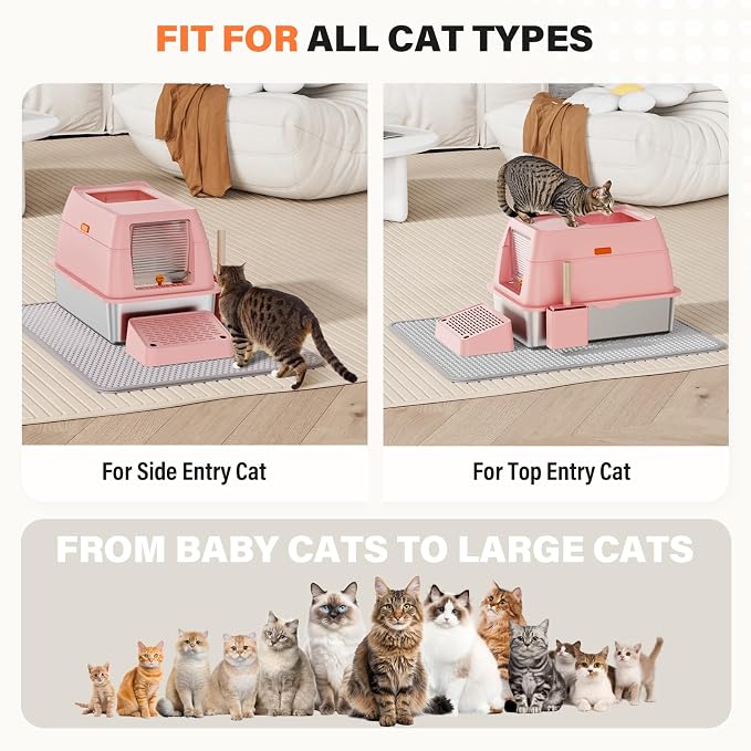 Removable Stainless Steel Cat Litter Box with lid, Front & Top Entry Kitty LitterBox,Cat Litter Box Enclosure, XL Extra Large High-Sided Metal Cat Box with Scoop, Mat, Footboard (Pink)