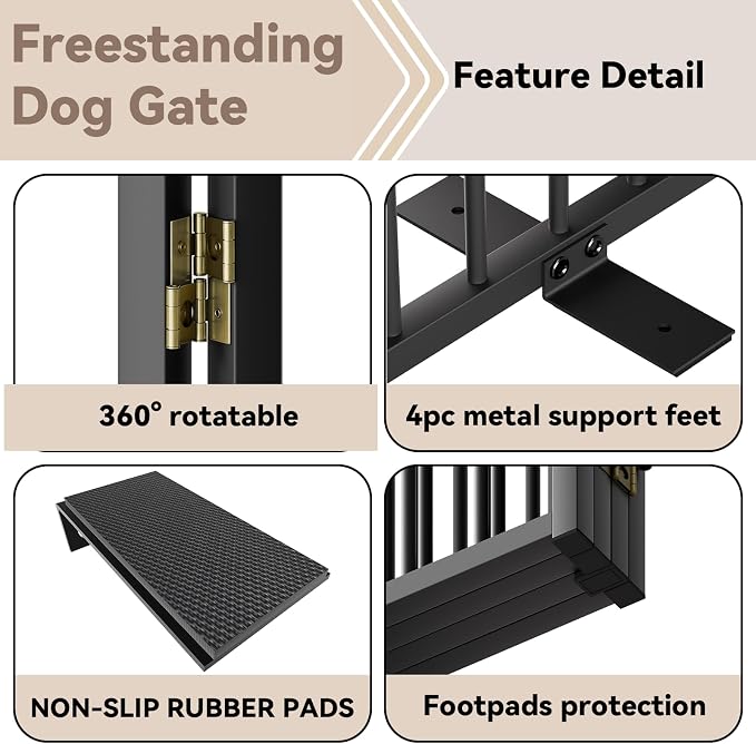 SNUOWU Full Metal Freestanding Dog Gate with Door, 36''Height Foldable Pet Dog Fence for Indoor & Outdoor, 3 Panels Extra Wide Free Standing TallDog Gates for Doorways,House,Stairs,Porch,Deck,Yard