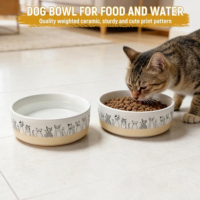 Elevated Ceramic Cat Bowls with Wooden Stand,6.1inch Raised Cat Bowls with Cute Pattern for Small and Medium Breed Dogs,2 Pack Cats Food and Water Bowl Set,Weighted Pet Dishes Dishwasher Safe