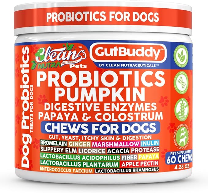 Gut Health Probiotics for Dogs + Pumpkin Colostrum Digestive Enzymes Ginger Slippery Elm Licorice Inulin Fiber Soft Chews Dog Probiotic Beef Flavor Digestion Supplement Treat Bites Large & Small Pets