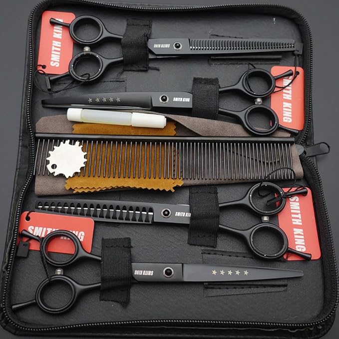 7.0 inches Professional Dog Grooming Scissors Set Straight & thinning & Curved & Chunkers 4pcs/3pcs in 1 Set (with Comb) Right-handed or Left-handed for Dog & Cats (Left-handed 4pcs with comb)