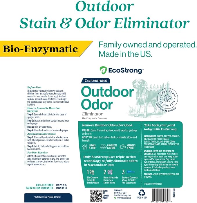Outdoor Odor Eliminator | Outside Dog Urine Enzyme Cleaner – Powerful Pet, Cat, Animal Scent Deodorizer | Professional Strength for Yard, Turf, Kennels, Patios, Decks (32oz)