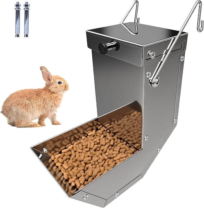 Small Animal Feeder for Rabbits - Stainless Steel Gravity Feeding with Sliding Lid, Anti-Corrosion, Durable for Outdoor & Indoor Cage Use, Holds Several Days' Food (2 Pcs)