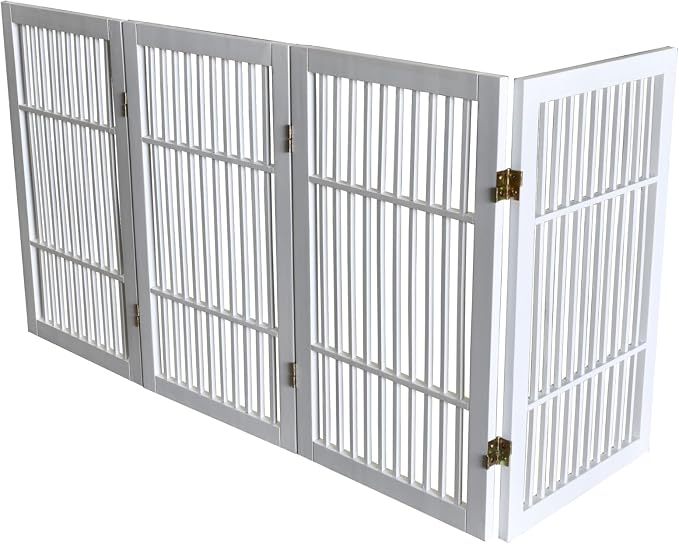 Urnporium Pet Dog Gate Freestanding, Strong Durable Folding Wooden Fence, Portable Acacia Hardwood Safety Barrier for Indoor & Outdoor Use (White Pet Gate, 4 Panel 30" Tall)