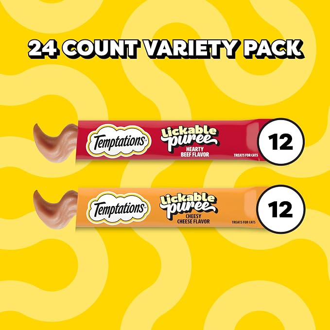 Temptations Creamy Puree Squeezable Lickable Cat Treats, Wet Cat Treats with Beef Liver and Cheese Variety Pack, 0.42 oz. Tubes, 24 Count